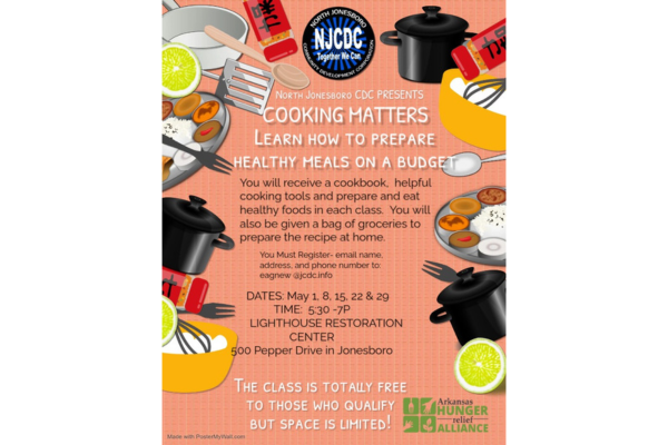 Flyer for 'Cooking Matters' by North Jonesboro Community Development Corporation, featuring pots, pans, and food illustrations. It details a free cooking class focused on preparing healthy meals on a budget.
